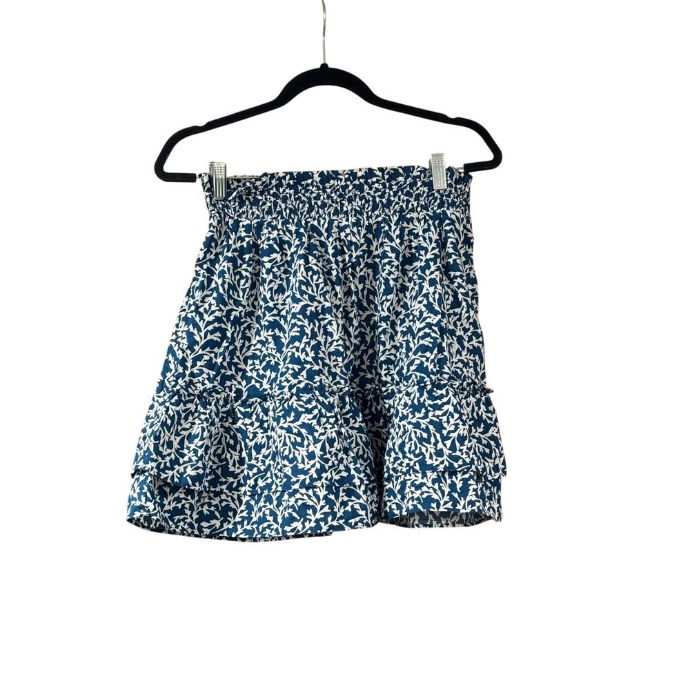 J. Crew Blue White Graphic Cotton Ruffled Smocked-Waist Skirt Size Small